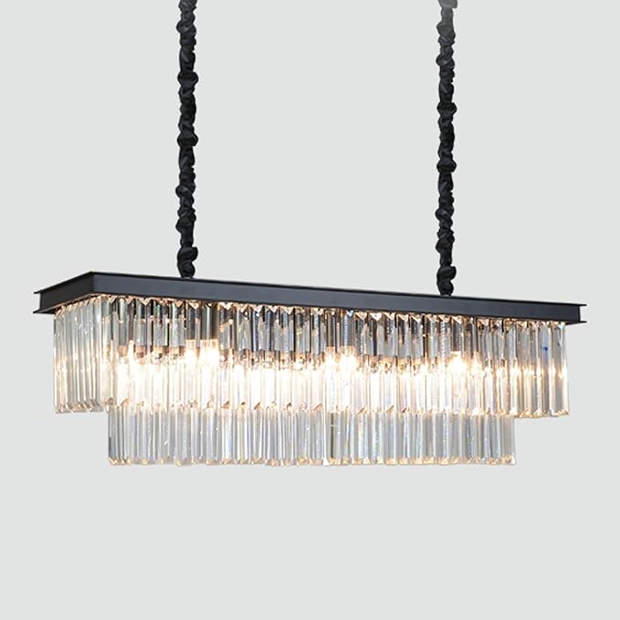 12-Lights Modern Rectangular Crystal Chandeliers Rectangle Contemporary Linear Pendant Ceiling Light Fixture for Kitchen Island Dining Room Bar, Black 47 Inch