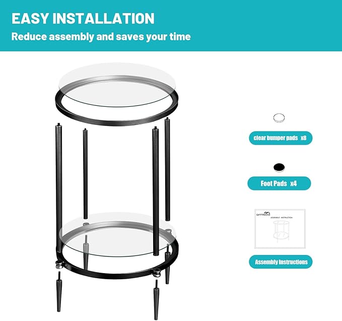 2 Tier Round Side Table, Black End Table with Glass Top, Modern Metal Clear Coffee Table,Small Accent Table for Living Room, Bedroom, 18" x 18" x 24"