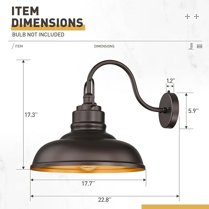 zeyu 18 Inch Vintage Gooseneck Wall Light Fixture, Outdoor Dusk to Dawn Barn Light, Farmhouse Wall Sconce Light for Garden Garage, Oil Rubbed Bronze Finish, 016-1BL-PC ORB