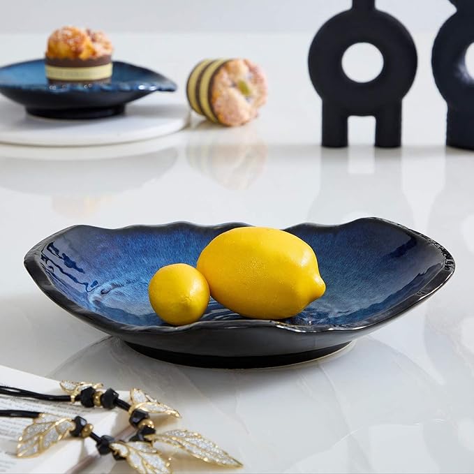 Ceramic Decorative Dish, Large Blue Pottery Decorative Bowl, Porcelain Centerpiece Tray, Key Bowl, Gift Decor Tray for Tabletop Entryway Table Living Room Dining(12'' Dish)