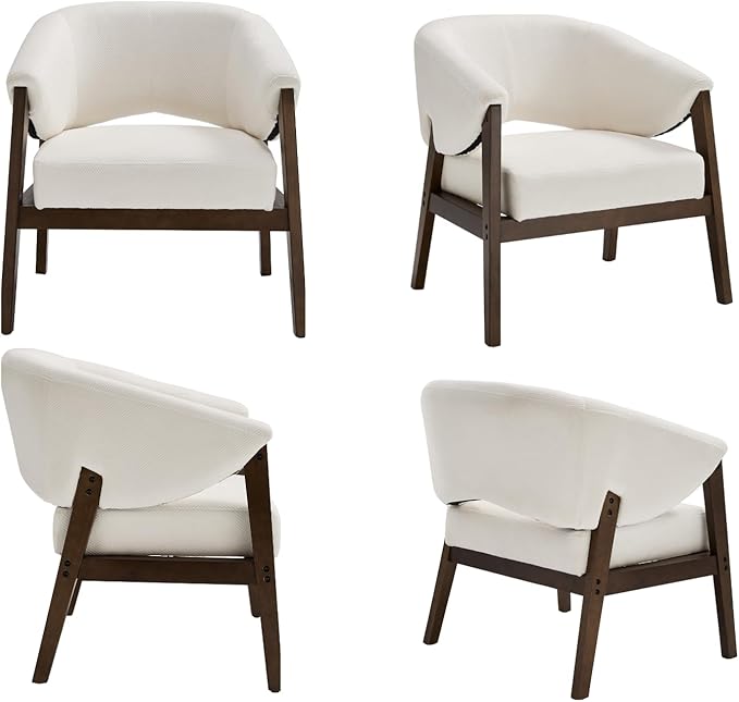 Mid-Century Modern Accent Chair, Comfy Barrel Armchair with Wide Seat, Upholstered Lounge Chair with Walnut Wood Legs for Living Room/Bedroom/Reading Corner, Chenille, Beige, 1PC