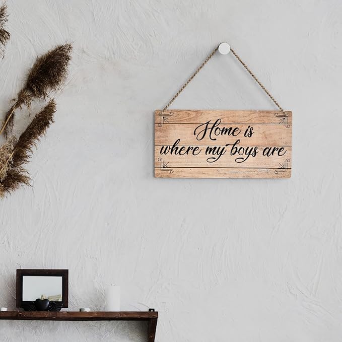 SENJIAN Rustic Family Quote Wood Decor Sign, Home is Where My Boys are Printed Wood Sign Wall Art, Hanging Door Sign, Decorative Wood Sign Home Decor 6" x 12"