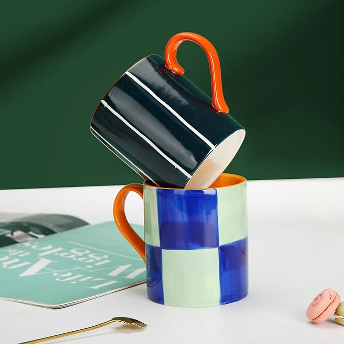 Koja Colorful Hand Painted 16 oz. Porcelain Ceramic Mugs Set. Service for 4.