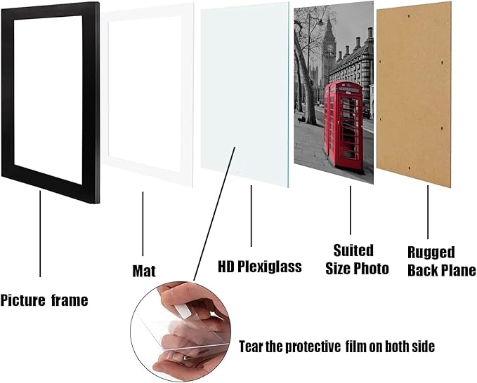 12x12 Picture Frame Set of 6, Display Pictures 8x8 with Mat or 12x12 Without Mat for Wall Mounting,Black