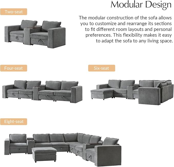 HULALA HOME 88" Loveseat Sofa with USB Port and Console, Oversized 2 Seater Sofa with Storage Ottoman, Comfy Upholstered Loveseat Couch for Living Room Bedroom, FSC Certified, Grey