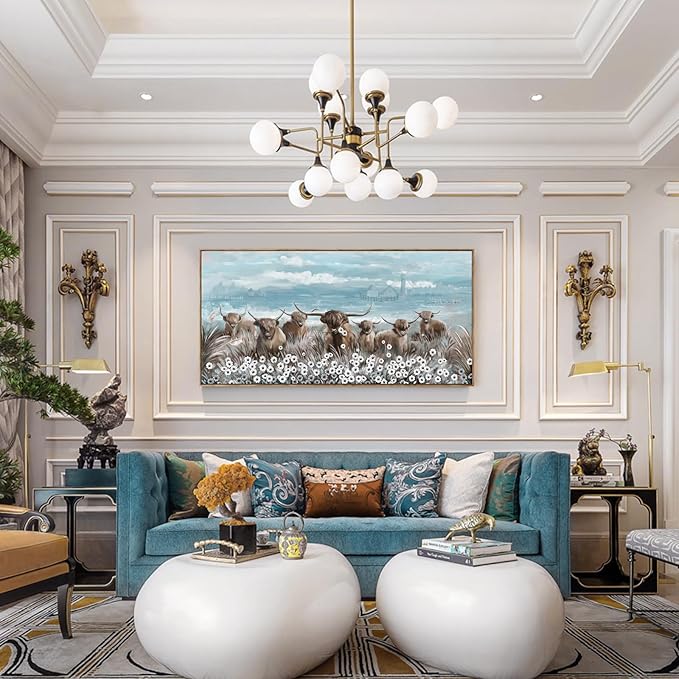 Extra Large Framed Wall Art for Living Room Big Boho Farmhouse Highland Cow Canvas Artwork Flower and Animal Picture Rustic Coastal Blue and Brown Decor for Office Bedroom Kitchen