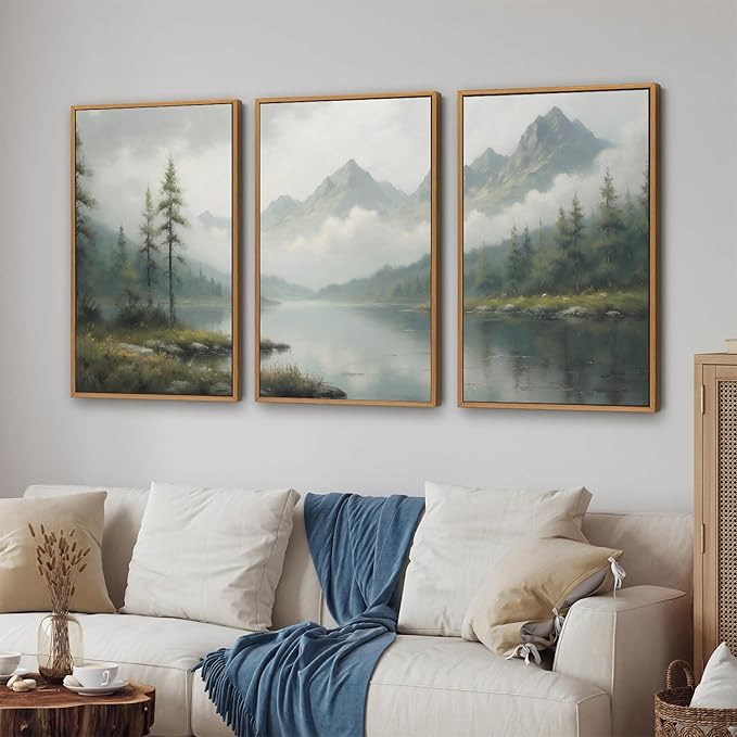 SIGNINART Large Misty Mountain Framed Canvas Wall Art, Green Forest River Scenery Wall Decor, Modern Foggy Wooden Landscape Artwork, Oil Style Nature Art Print for Living Room Bedroom Office 24"x36"x3