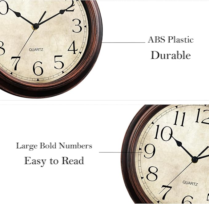 Wall Clock 10 Inch Battery Operated Silent Non-Ticking Analog Wall Clocks Vintage Retro Rustic Style Decorative for Bedroom Living Room Kitchen Office (Bronze)