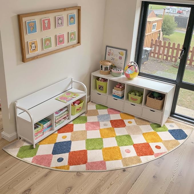 jinchan Kids Rug for Nursery 6ft Radius Corner Washable Area Rug Modern Colorful Quarter Circle Rug Soft Non-Slip Carpet for Bedroom Playroom Daycare Reading Nook Kitchen Classroom Circus on Cream