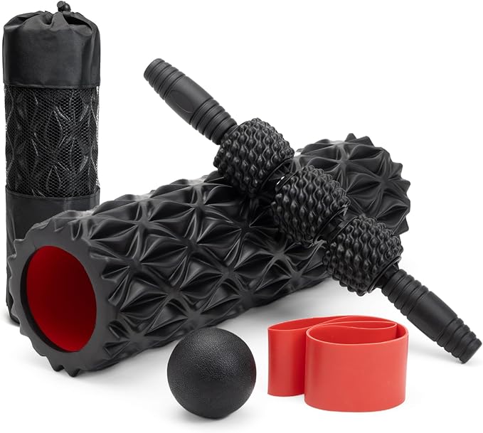 5 in1 Foam Roller Set, Trigger Point Foam Roller, Massage Roller Stick, Massage Ball, Resistance Band for Deep Muscle Massage Pilates Yoga,Fitness Exercise for Whole Body (Pure Black)