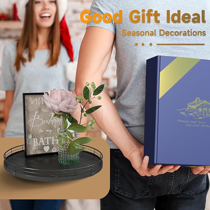 13" Oak Bathroom Vanity Tray Turntable for Perfume Candle, Round Wooden Decorative Tray for Kitchen Sink Countertop Organizer, Bathroom Counter Organizer for Skincare Makeup, Farmhouse Black Gold