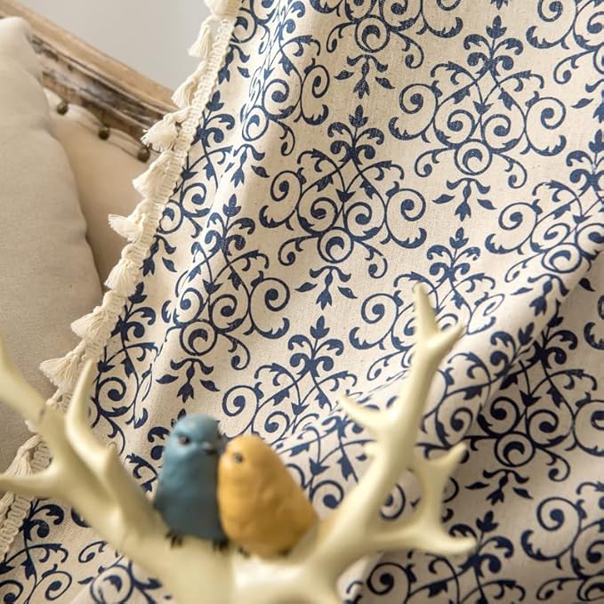 Sutuo Home Boho Curtain 84 Inches Length Semi-Blackout Bohemian Damask Moroccan Florals Print Darkening Curtains Tassels, Rod Pocket Window Treatment Drapes for Bedroom, 1 Panel 59" W x 84" L, Blue