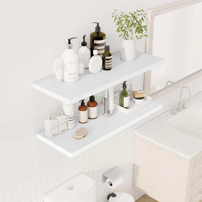 36" Floating Shelves for Wall, 12" Deep Slim White Floating Shelves, Wall-Mounted Shelves for Bedroom, Living Room, Kitchen, Bathroom - Set of 2