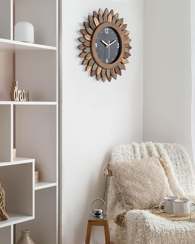 Honiway Wall Clock Battery Operated 12 in Rustic Wood Boho Sunburst Decorative Wall Clock Silent Non Ticking Farmhouse Small Wall Clocks for Living Room Kitchen Bathroom Bedroom Decor (Rustic Brown)