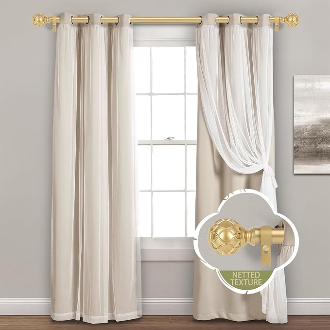 Gold Adjustable Curtain Rods for Windows:72-144 Inch Farmhouse Heavy Duty Long Curtain Rod for Bedroom Living Room,Boho Decorative Rustic Drapery Rods with Vintage Coastal Finials,Brass Gold