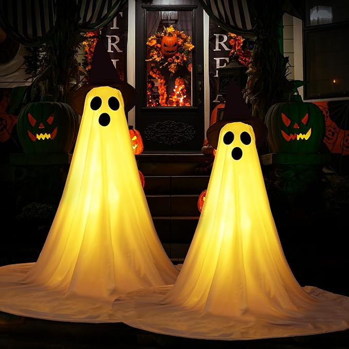 2 Packs Halloween Ghost Outdoor Decorations, 59โ Light Up Ghost Decor with Remote Control, Adjustable Height Standing Halloween Lighted Ghost Kit with Witch Hat Ideal for Porch, Garden, Yard