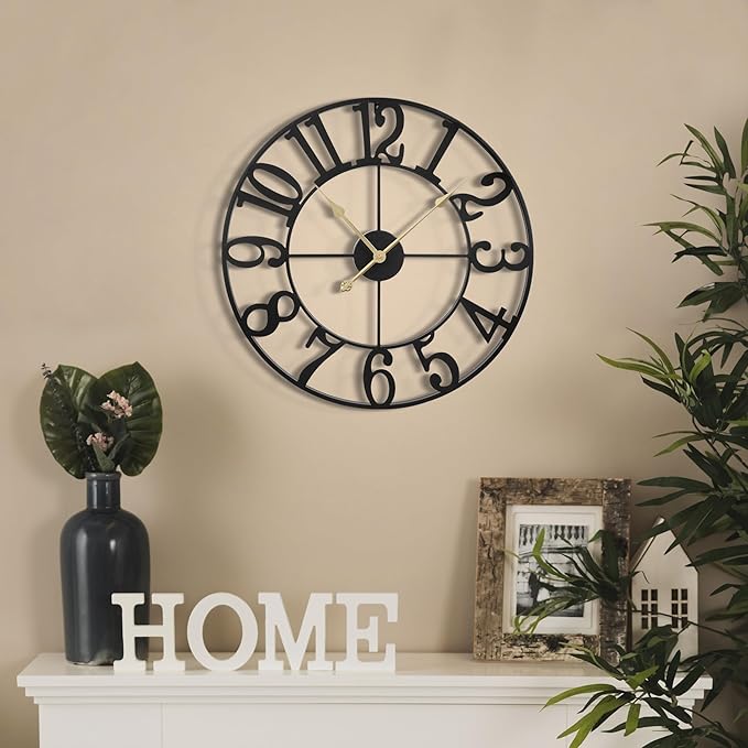 LEIKE Large Wall Clock, 24" Silent Non-Ticking, Battery Operated, Oversized, Decorative Retro Black Metal Clock for Living Room,Farmhouse, Dinner Room,Indoor, Outdoor Decor(60cm, Black Arabic Number)