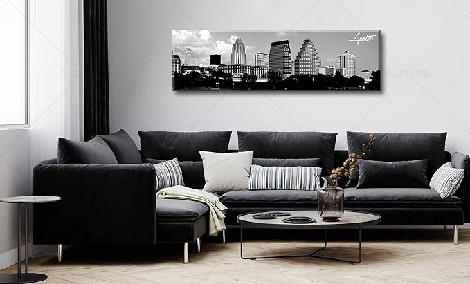 Austin Skyline Wall Art Black and White City Building for Living Room Cityscape Canvas Print Modern Home Decor Artwork Framed 14x48 Inch 1 Panels Panorama Pictures Landscape Poster Decoration