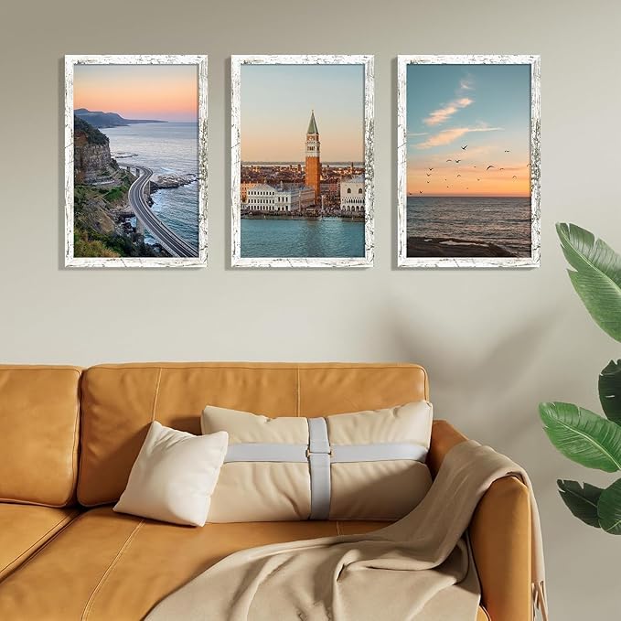 Vittanly 11x17 Picture Frames Set of 9, Shatter Resistant Plexiglass, Display 8x12 Pictures with Mat or 11x17 without Mat, Photo Frames for Wall Mount, Engineered Wood, Distressed White