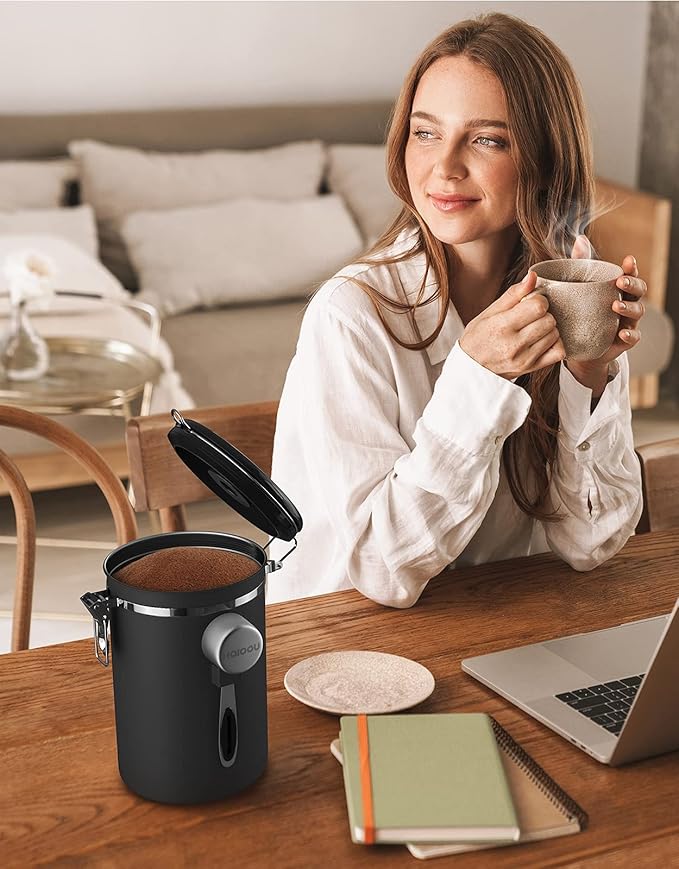 HAIOOU Airtight Coffee Canister, 22OZ +16OZ 2 Piece Stainless Steel Coffee Bean Storage Container with Date Tracker, Measuring Scoop, CO2 Releasing Valves, Mini Tongs for Coffee Bean, Grounds - Black
