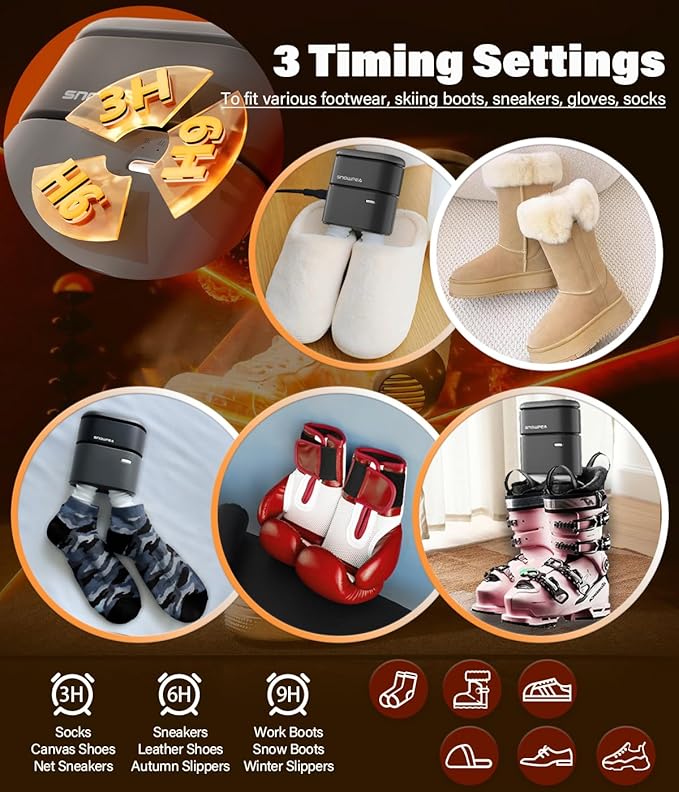 Snowpea Shoe Dryer with Heat Blower Ski Boots Dryer with Fan Heater Snow Boots Dryer Sneaker Dryer for Work Boots with 3/6/9 Hours Timer