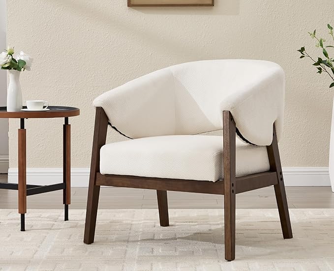 Mid-Century Modern Accent Chairs Set of 2, Comfy Barrel Armchairs with Wide Seat, Upholstered Lounge Chairs with Walnut Wood Legs for Living Room/Bedroom/Reading Corner, Chenille, Beige