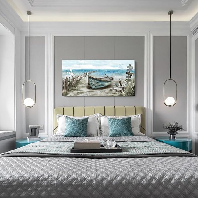 Wall Art for Living Room Large Beach Decor Picture Seagull Vintage Boat Artwork Ocean Sea Bird Canvas Print Seascape Nautical Painting Blue Teal Rustic Coastal Themed Cottage Bedroom Office Décor