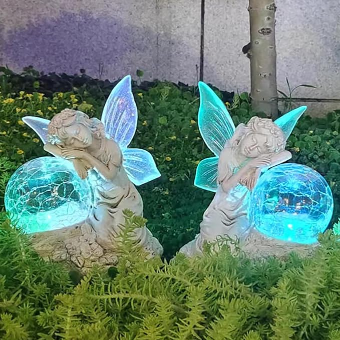 Fairy Garden Statue ,Solar Garden Decor ,Fairy Statue Outdoor with Glass Ball ,Waterproof Outdoor Decor,Suitable for Yard, Lawn ,Ideal for Holiday Giving (Left)