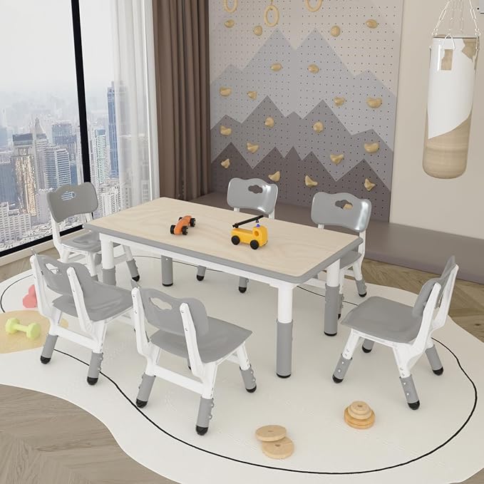 Kids Study Table and 6 Chairs Set,Height Adjustable Table and Chairs for Children and Toddlers,47.2"X23.6"Graffiti Desktop,Suitable for Daycare,Classrooms, Home