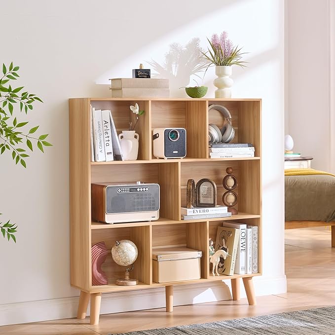LEYAOYAO Wooden 8 Cube Book Shelf, Natural 3 Tier Bookshelf with Legs, Modern Open Storage Organizer,Boho Bookcase,Display Cabinet Shelf Free Standing Bookshelves for Bedroom,Living Room,Office