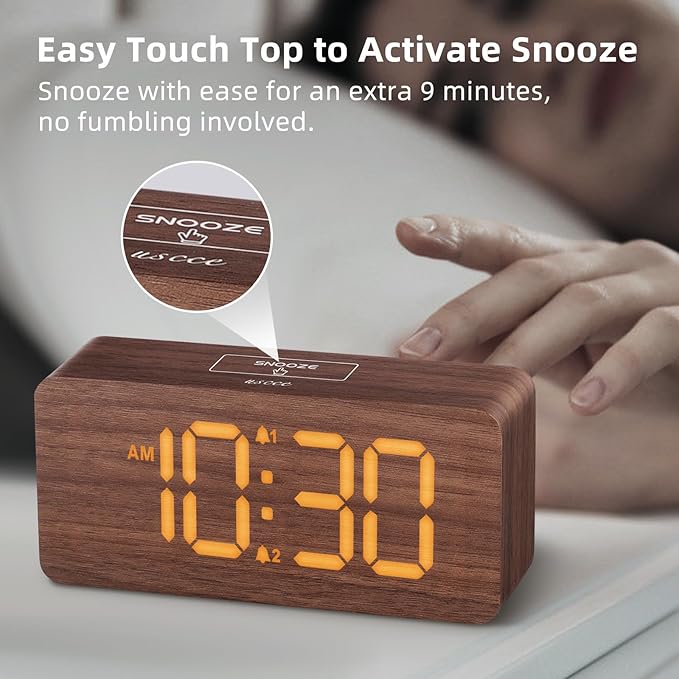uscce Wooden Digital Alarm Clocks for Bedrooms: Dimmable Dual Alarm Clock with Large Numbers for Bedside Desk - Loud Alarm for Heavy Sleepers with Volume Control - Wood Decor & Gifts