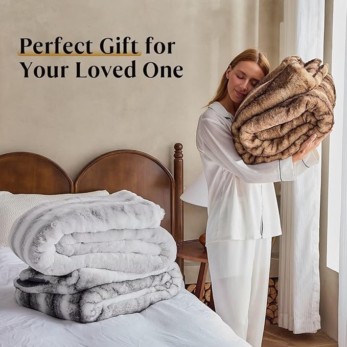 Luxury Faux Fur Blanket - Soft Warm Plush Blankets for Couch Sofa Bed, Fluffy Thick Throws for Bedroom, Office, Living Room, Decorative Reversible, Not Easy to shed- 60"x80", Grey/White