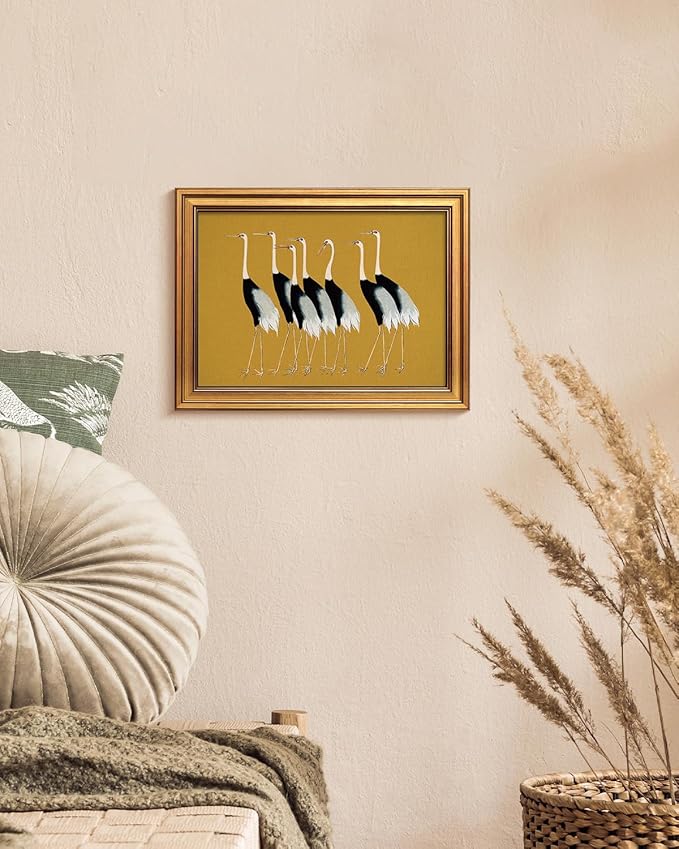 HUARCEY Gold Framed Vintage Wall Art for Living Room, Animals Painting Prints Shelf Decor for Kitchen, Aesthetic Bedroom Wall Art Decor, Christmas Gifts for Friends or Family (Seven Cranes 12"x16")