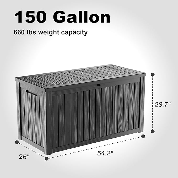 150 Gallon Deck Box Large Outdoor Storage for Patio Furniture,Outdoor Cushions,Garden Tools and Pool Supplies,Waterproof,Resin,Lockable(Black)