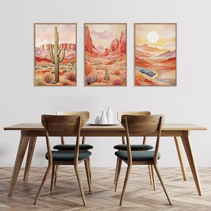 HLNIUC Boho Desert Plant Framed Canvas Wall Art Set,Southwestern Sun Mountain Wall Decor,Cactus Sunset Landscape Wall Painting,Watercolor Abstract Desert Art Prints for Living Room,Bedroom - 16”x24”x3