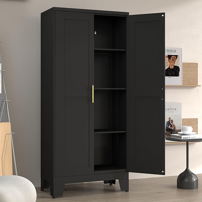 Metal Pantry Cabinet with 2 Doors and Adjustable Shelves, 61"Kitchen Storage Cabinet with Gold Handles, Versatile Storage for Laundry, Living, Bathroom, Dining, Utility Room - Black