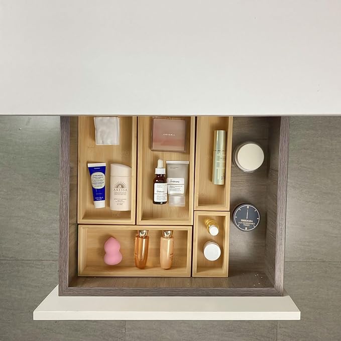 bamboo drawer organizer Set,expandable drawer dividers,wooden storage organizers,large trays for kitchen, bathroom,flatware,Tea Bag Organizer (1 X 5PCS Natural)