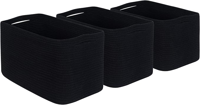 MINTWOOD Design 3-Pack Storage Baskets for Shelves, Playroom and Classroom, Book Basket, Decorative Storage Cube Bins, Woven Closet Organizers, Pantry and Shoe Organizer, Full Black