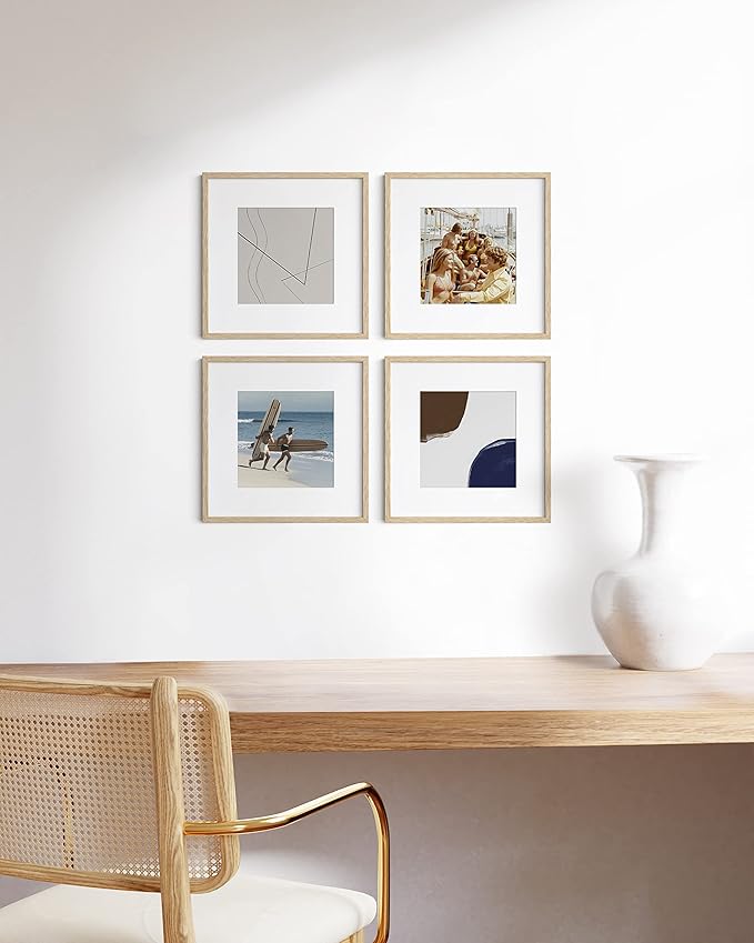 HAUS AND HUES Solid Oak Wood 12”x12” Picture Frames Matted to 8”x8” Set of 4-12x12 Standard Square Picture Frames, 12x12 Photo Gallery Wall Frame Set, 12x12 Frames with Mat (Beige Oak Frames)