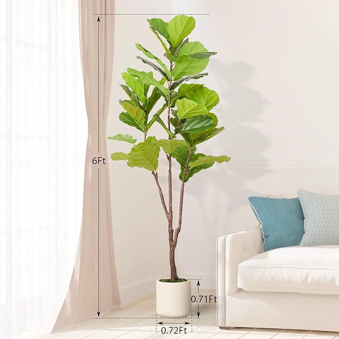 Artificial Fiddle Leaf Fig Tree, 6FT Faux Ficus Lyrata Plant with Realistic Leaves, Lifelike Home Decor Faux Tree in Stylish Pot for Indoor, Office, Living Room Decor (6ft)