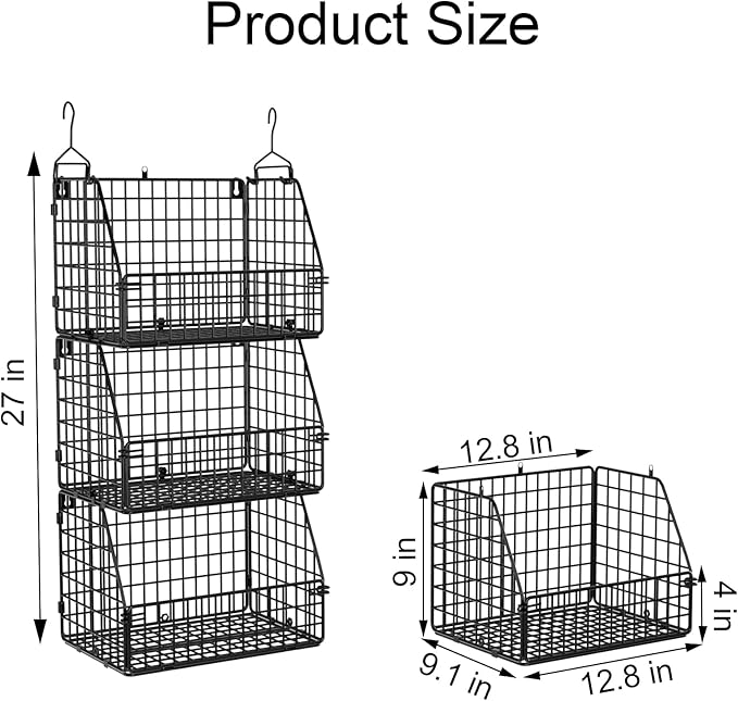 Stackable Wire Storage Baskets for Kitchen Closet Pantry, Hanging Closet Organizers Storage Shelves Organization, Wall Mount Metal Basket Bins, Clothing Vegetable & Fruit Organizer 3 pcs