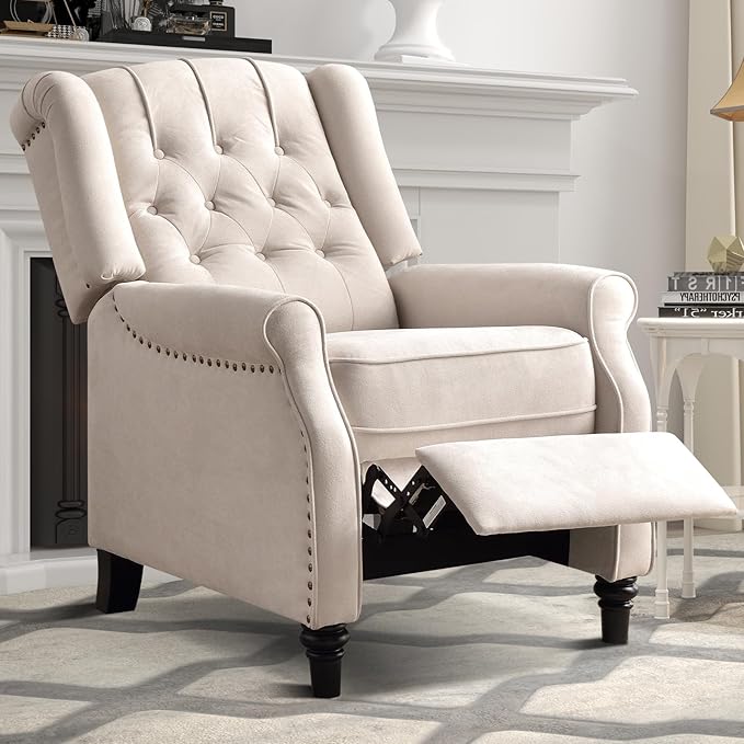 EBELLO Pushback Recliner Chair, Fabric Armchair Push Back Recliner with Rivet Decoration, Mid Century Wingback Accent Chair for Living Room, Bedroom, Beige