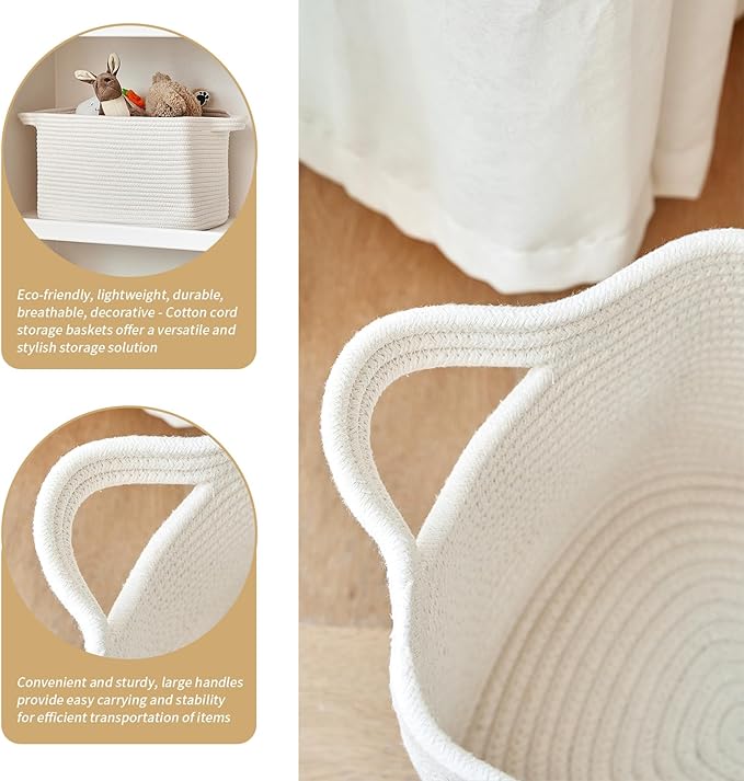 3 Packs Cotton Rope Woven Basket With Handles for Shelves -15"*10.2"*9.1"(White)