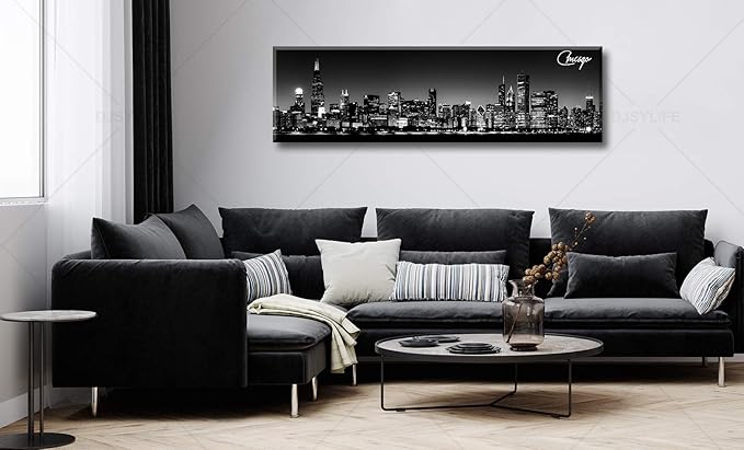 Office Wall Decor Black and White Wall Art Chicago Skyline Pictures for Living Room Modern Large Canvas Print Artwork Stretched and Framed 13.8"X47.3"