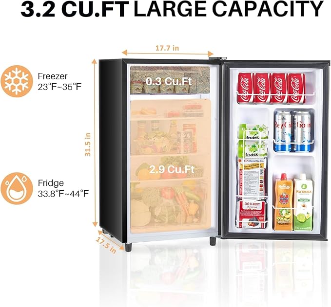 Atilioo Upgraded Mini Fridge with Freezer 3.2 Cu.Ft Compact Dorm Refrigerator Small Cooler for Bedroom Office, Single Door Adjustable Thermostat Low Noise, 17.5" D x 17.7" W x 31.5" H, Black
