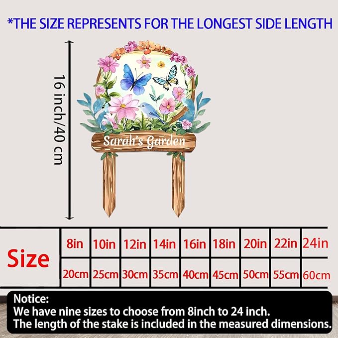 Personalized Watercolor Garden Metal Sign with Stake,Custom Gardener Last Name Signs Outdoor Decor,Customized Birds Gardening Gifts for Mom,Butterfly Flowers Plaques for Patio Lawn Porch Yard Garage