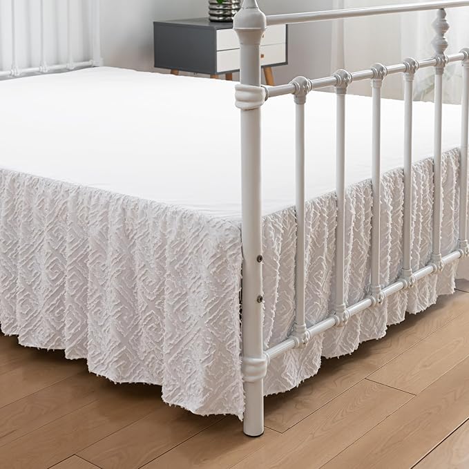 Tufted Bed Skirt Queen Size, Ruffled Bed Skirt with Split Corners, Queen Bed Skirt 18 Inch Drop, Boho Queen Size Bed Skirt White for Ruffled Bed Skirts, Bed Skirt Queen Size