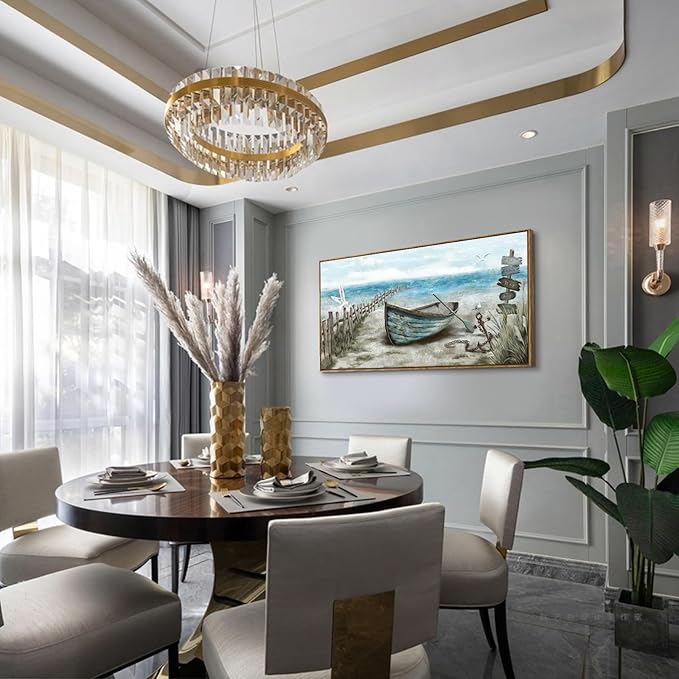 Large Framed Wall Art for Living Room Coastal Canvas Picture Seagull Vintage Boat Artwork Ocean Sea Bird Canvas Print Nautical Rowboat Blue Teal Rustic Beach Themed Farmhouse Bedroom Office Decor