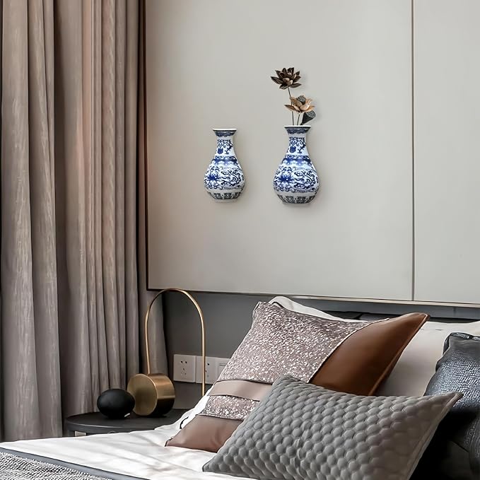 Set of Two Blue and White Porcelain Wall Vases for Flowers – Handmade Chinoiserie Ceramic Wall Mounted Flower Vase, Decorative Hanging Vases for Living Room, Bookshelf & Indoor Décor