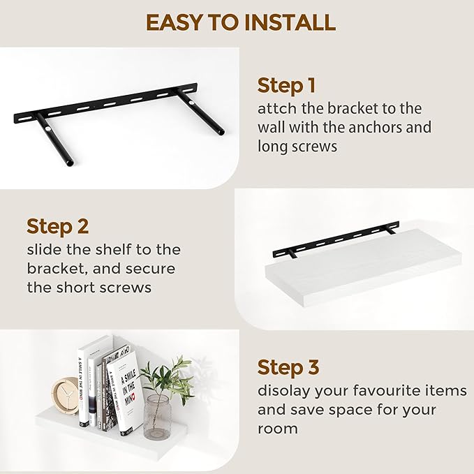 55 Inch Floating Shelves White, Rustic Wood Floating Shelf Wall Mounted, 9 Inch Deep Floating Shelf for Kitchen, Bedroom, 55 x 9 Wall Shelves for Home Storage, Set of 1